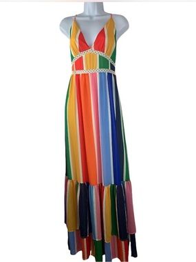 Rainbow Stripe Maxi Dress with Crochet Waist